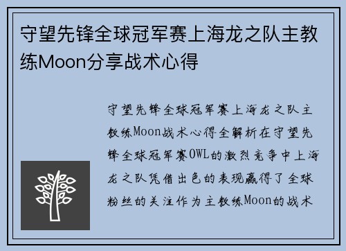 守望先锋全球冠军赛上海龙之队主教练Moon分享战术心得