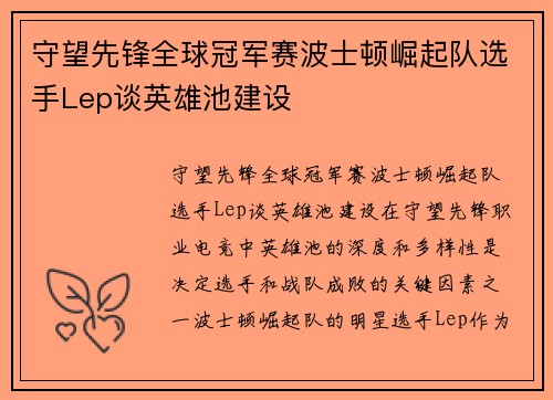 守望先锋全球冠军赛波士顿崛起队选手Lep谈英雄池建设