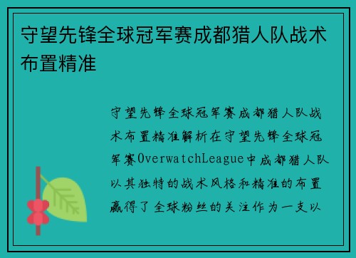 守望先锋全球冠军赛成都猎人队战术布置精准