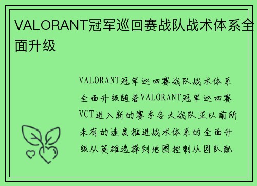 VALORANT冠军巡回赛战队战术体系全面升级